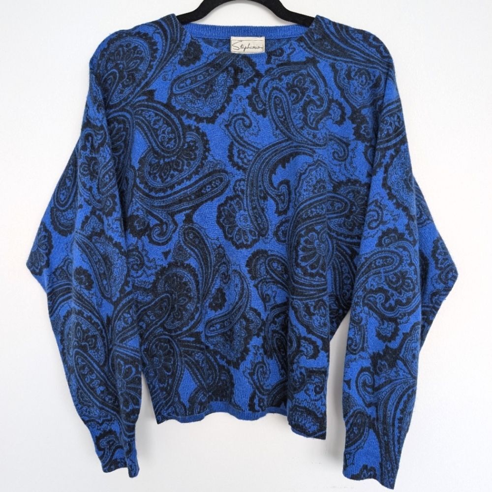 Vintage Angora Lambswool Stephanie Paisley Batwing Balloon Sleeve Sweater